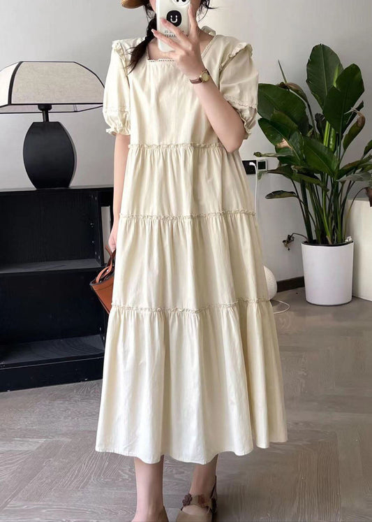 Apricot Square Collar Long Dress Short Sleeve Bv027