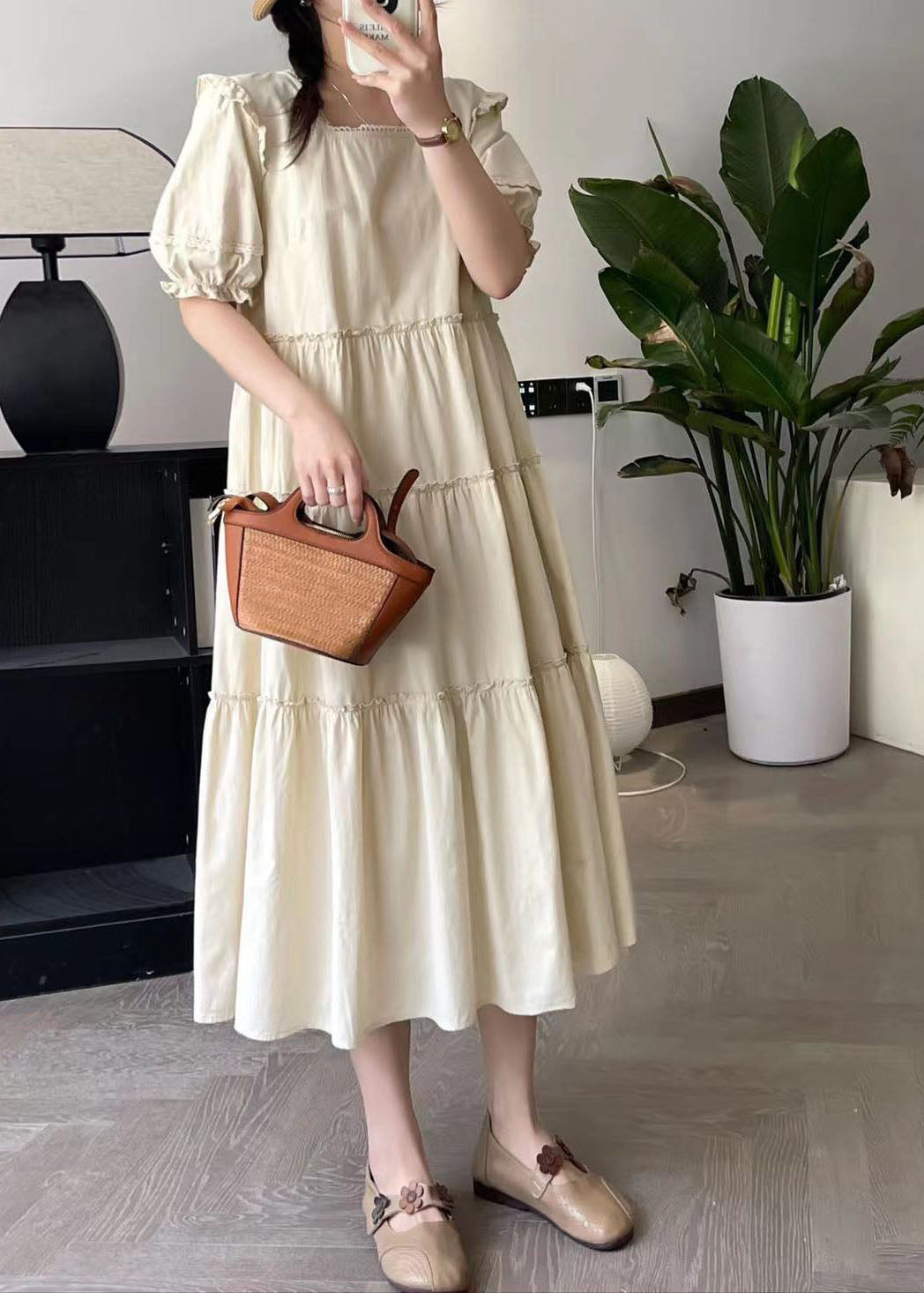 Apricot Square Collar Long Dress Short Sleeve Bv027