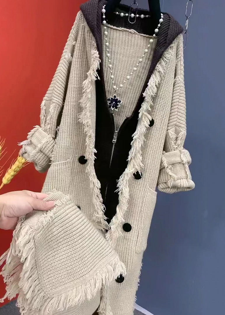 Beige Tasseled Patchwork Knit Hooded Coat Fall Ru030