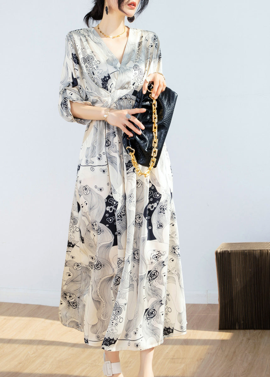 Beige V Neck Print Tie Waist Chiffon Maxi Dress Short Sleeve Uu1055
