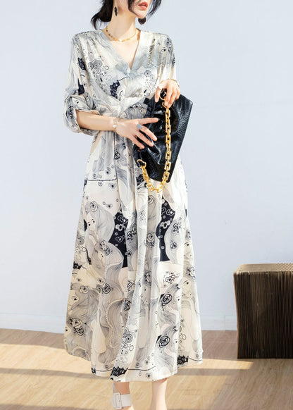 Beige V Neck Print Tie Waist Chiffon Maxi Dress Short Sleeve Uu1055