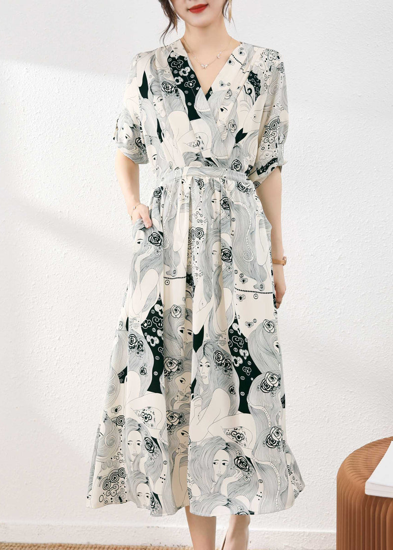 Beige V Neck Print Tie Waist Chiffon Maxi Dress Short Sleeve Uu1055