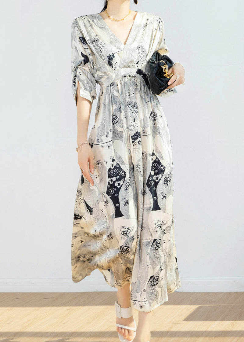Beige V Neck Print Tie Waist Chiffon Maxi Dress Short Sleeve Uu1055