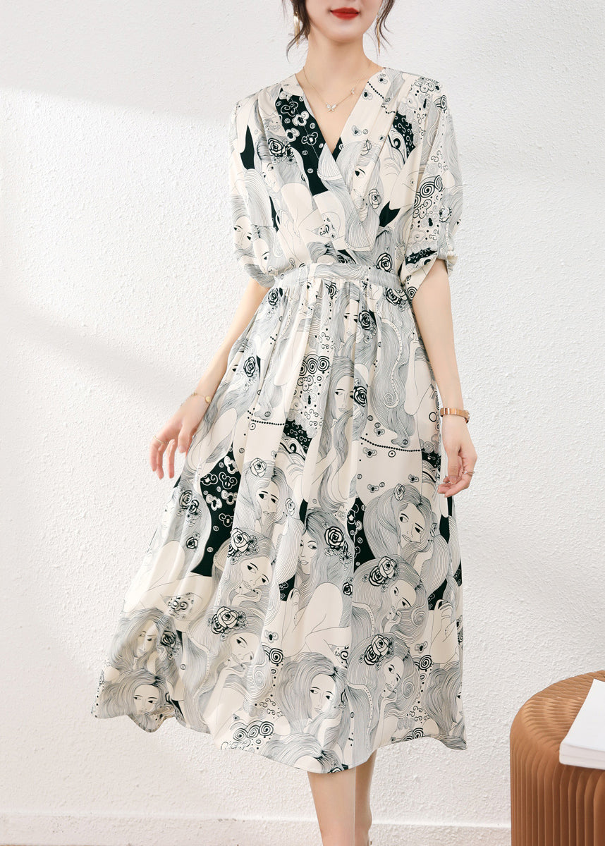 Beige V Neck Print Tie Waist Chiffon Maxi Dress Short Sleeve Uu1055
