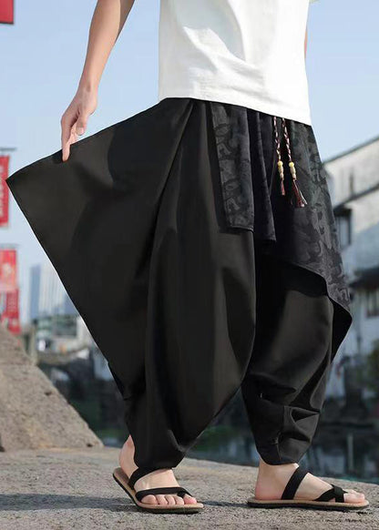 Black Asymmetrical Jacquard Patchwork Ice Silk Harem Pants Summer Yt036
