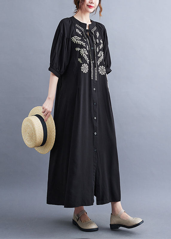 Black Embroideried Lace Up Cotton Maxi Dress Summer Ly1549