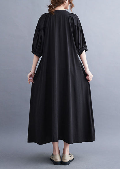 Black Embroideried Lace Up Cotton Maxi Dress Summer Ly1549