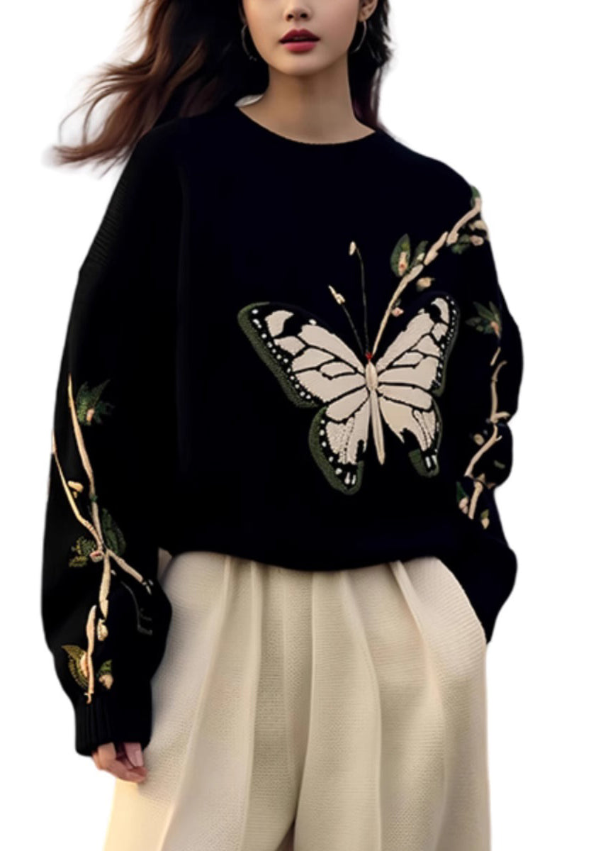 Black O Neck Butterfly Print Knit Sweaters Spring Yy007