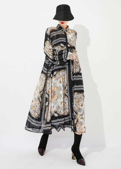 Black Print Oversized Wrinkled Chiffon Long Dresses Spring Ly0825