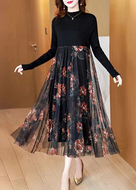 Black Stand Collar Patchwork Tulle Knit Long Dress Spring Ac2044