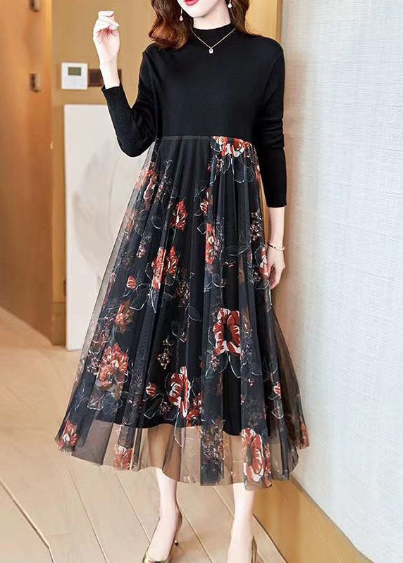 Black Stand Collar Patchwork Tulle Knit Long Dress Spring Ac2044