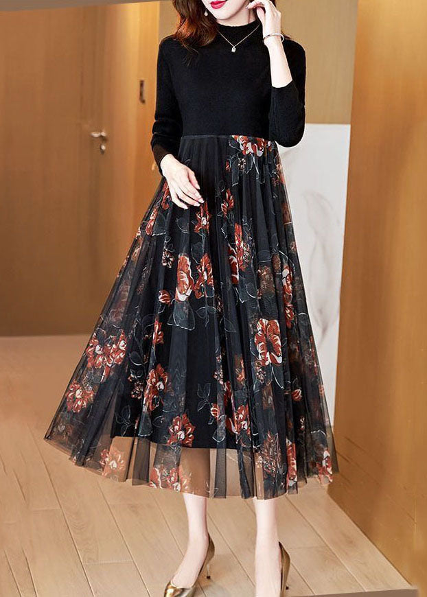 Black Stand Collar Patchwork Tulle Knit Long Dress Spring Ac2044