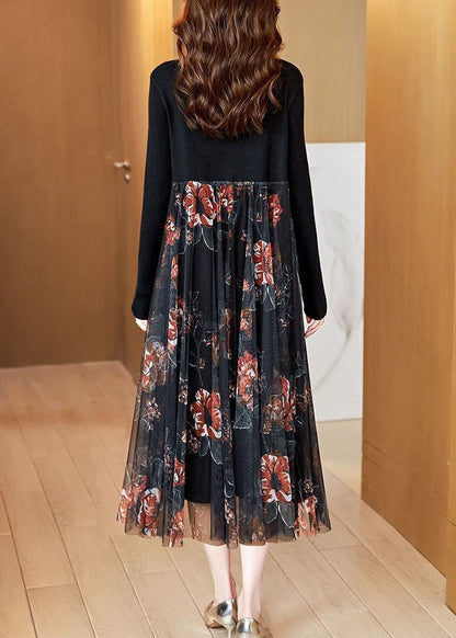 Black Stand Collar Patchwork Tulle Knit Long Dress Spring Ac2044