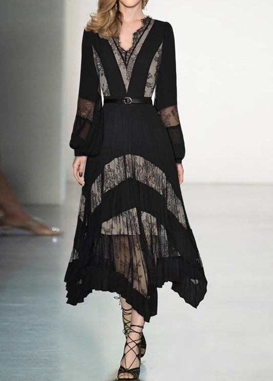 Black V Neck Lace Patchwork Maxi Dresses Puff Sleeve Zl037
