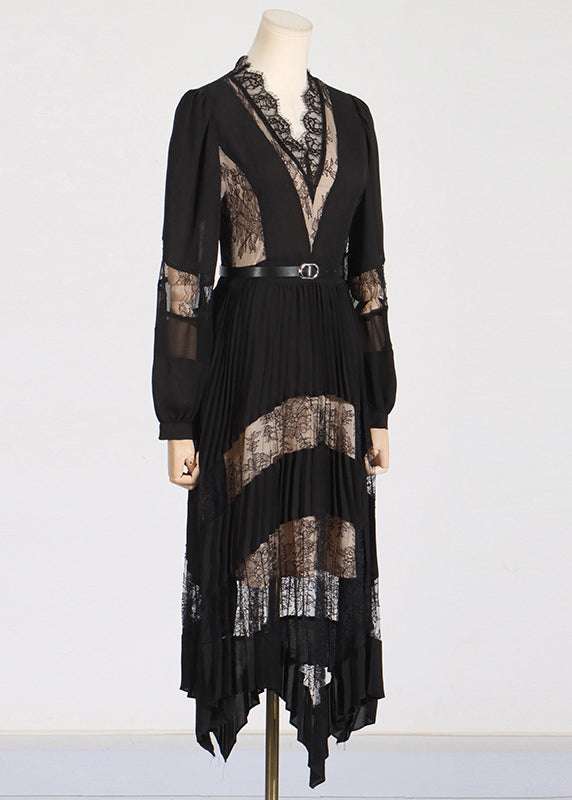 Black V Neck Lace Patchwork Maxi Dresses Puff Sleeve Zl037