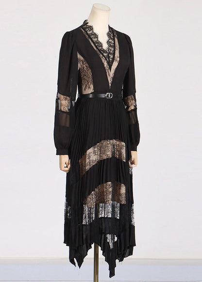 Black V Neck Lace Patchwork Maxi Dresses Puff Sleeve Zl037