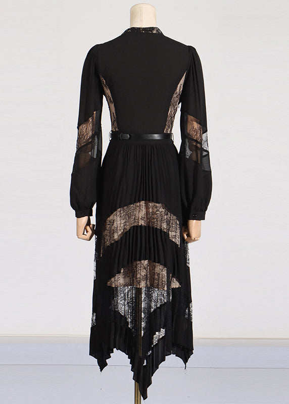 Black V Neck Lace Patchwork Maxi Dresses Puff Sleeve Zl037