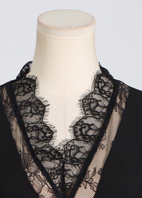 Black V Neck Lace Patchwork Maxi Dresses Puff Sleeve Zl037