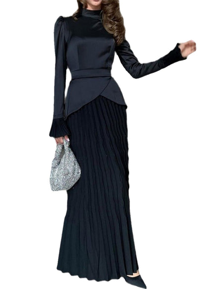 Black Wrinkled Patchwork Silk Long Dress Fall Wo049