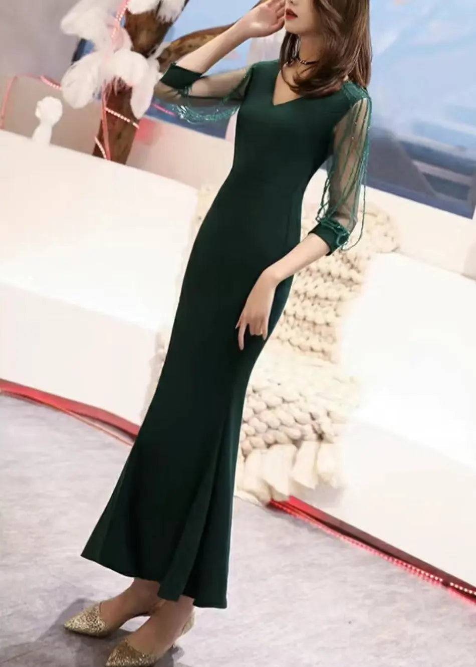Nail Bead Tulle Long Dresses Bracelet Sleeve