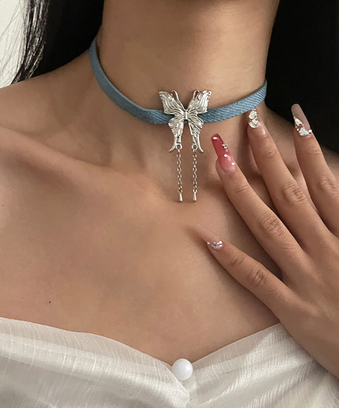 Blue Alloy Leather Rope Butterfly Tassel Pendant Necklace