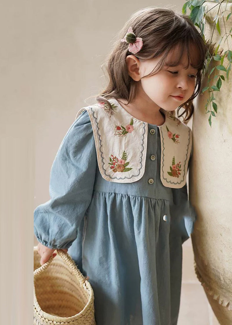 Blue Embroideried Patchwork Long Dress Fall Ss1034