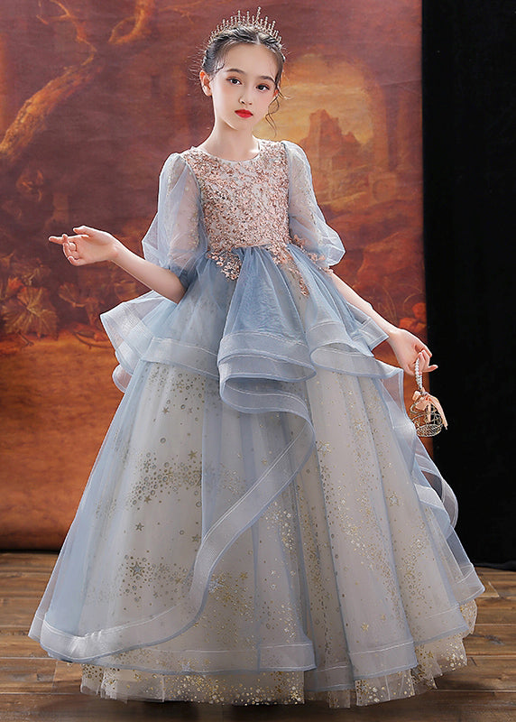 Blue O-neck Sequins Patchwork Tulle Kids Maxi Dress Puff Sleeve Qv023