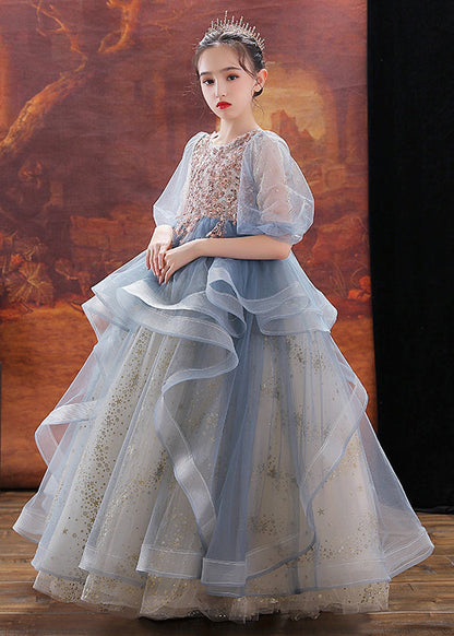 Blue O-neck Sequins Patchwork Tulle Kids Maxi Dress Puff Sleeve Qv023