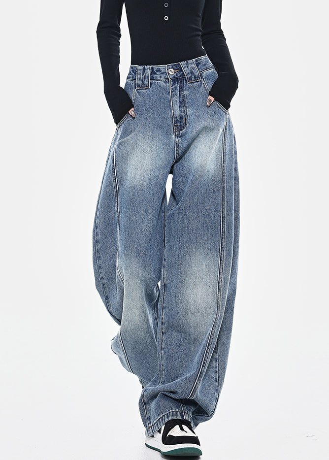 Blue Pockets Patchwork High Waist Denim Pants Spring Tn036