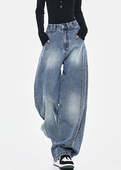 Blue Pockets Patchwork High Waist Denim Pants Spring Tn036