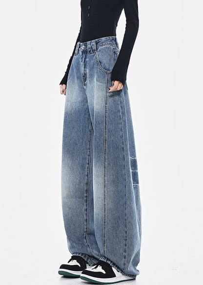 Blue Pockets Patchwork High Waist Denim Pants Spring Tn036