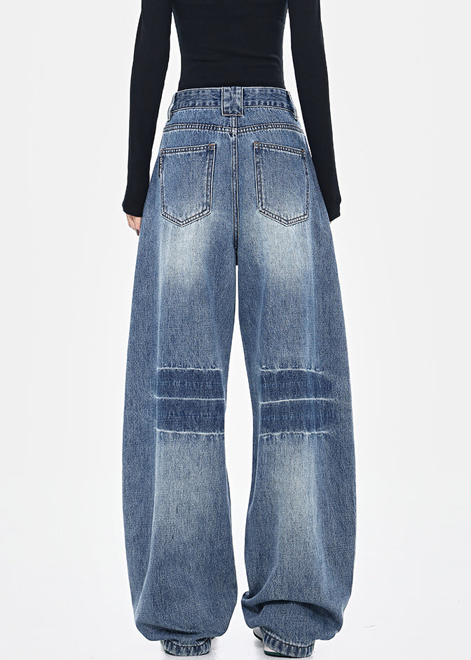 Blue Pockets Patchwork High Waist Denim Pants Spring Tn036