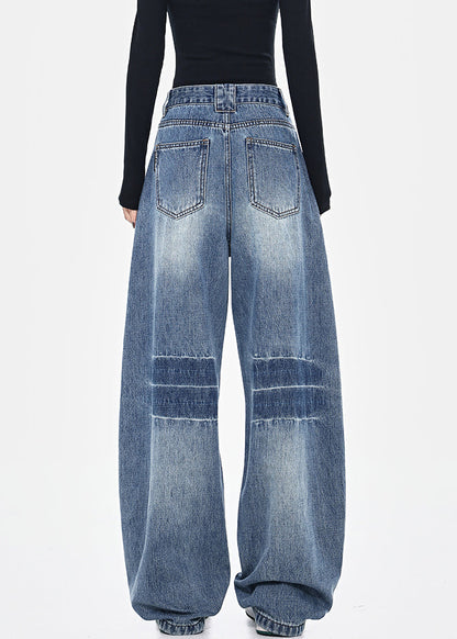 Blue Pockets Patchwork High Waist Denim Pants Spring Tn036