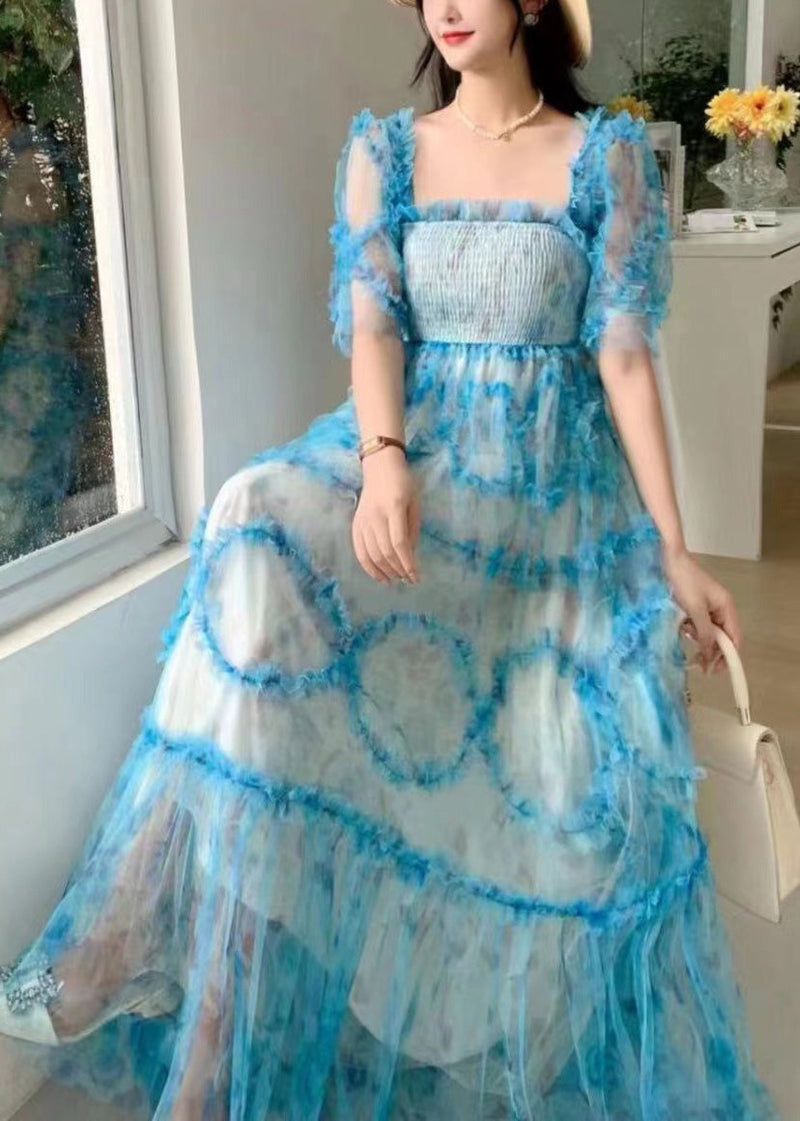 Princess Purple Square Collar Ruffled Print Tulle Long Dress Summer Az1006