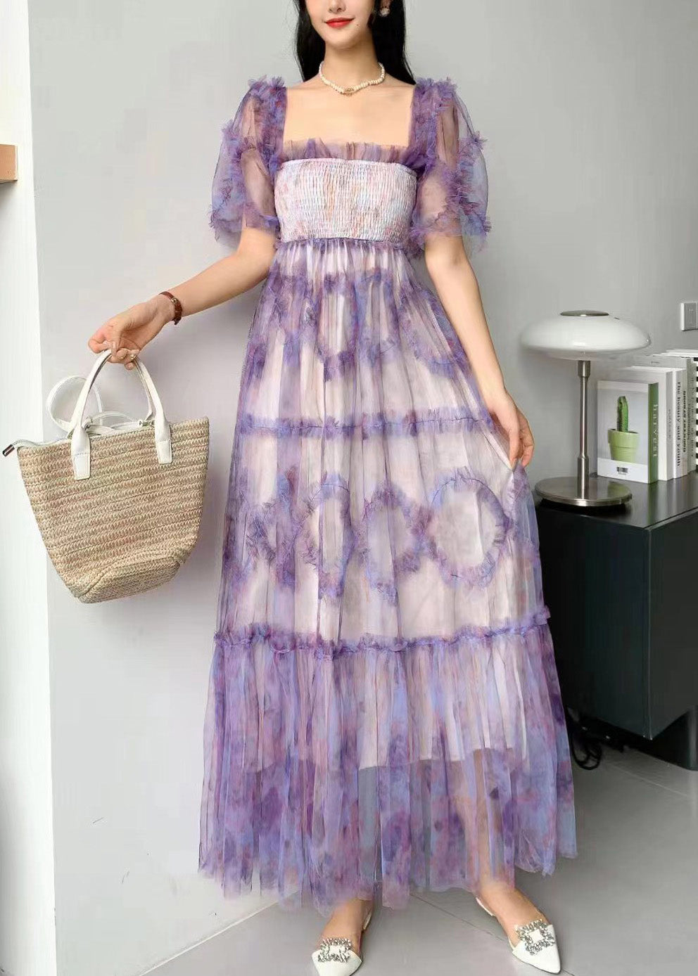Blue Square Collar Ruffled Print Tulle Long Dress Summer Xx075