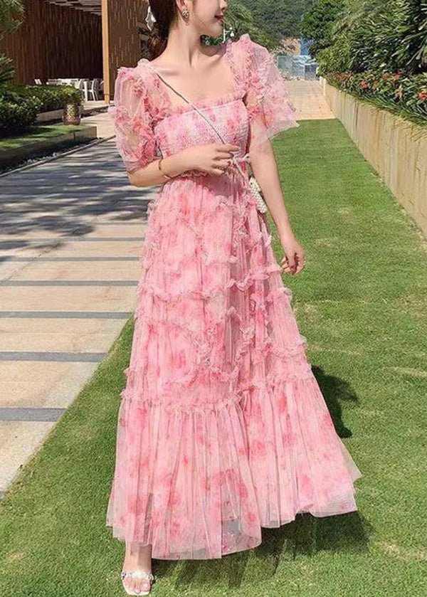 Princess Purple Square Collar Ruffled Print Tulle Long Dress Summer Az1006