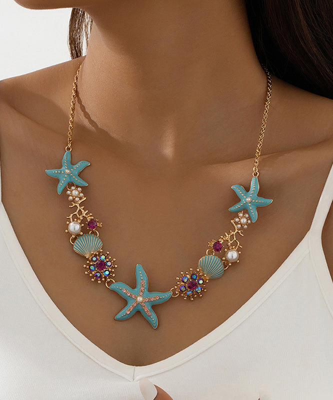 Blue Sterling Silver Overgild Enamel Zircon Shell Pearl Pendant Necklace