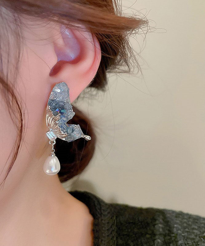 Blue Sterling Silver Zircon Pearl Crystal Butterfly Water Droplet Drop Earrings