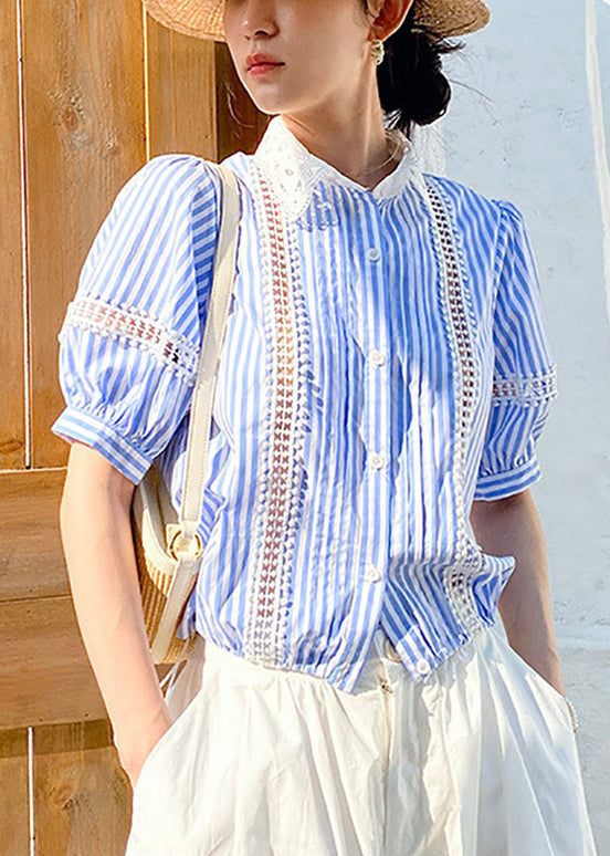 Out Summer Striped Blue Blouses Cotton Hollow