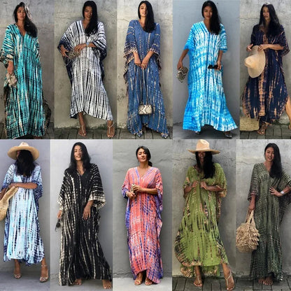 Striped Print Long Dresses V-neck Bat Sleeve Loose Slit Beach Dress Summer New Beachwear Vestidos