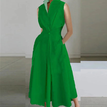 Turn-down Collar Printed Sleeveless Loose Slim Fit Midi Dresses