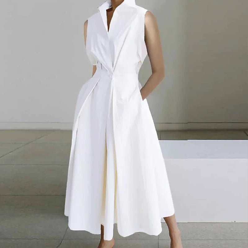 Turn-down Collar Printed Sleeveless Loose Slim Fit Midi Dresses