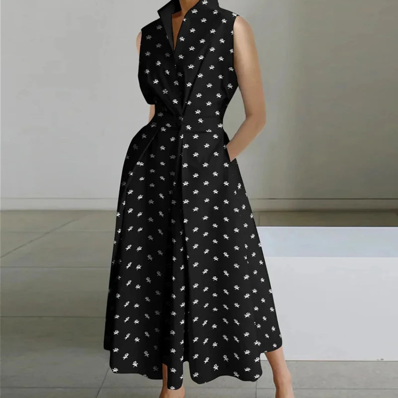 Turn-down Collar Printed Sleeveless Loose Slim Fit Midi Dresses