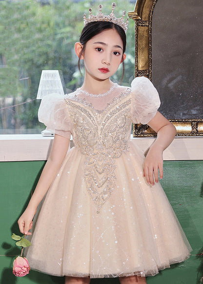 Champagne O-neck Patchwork Sequins Tulle Kids Long Dresses Summer Xz041