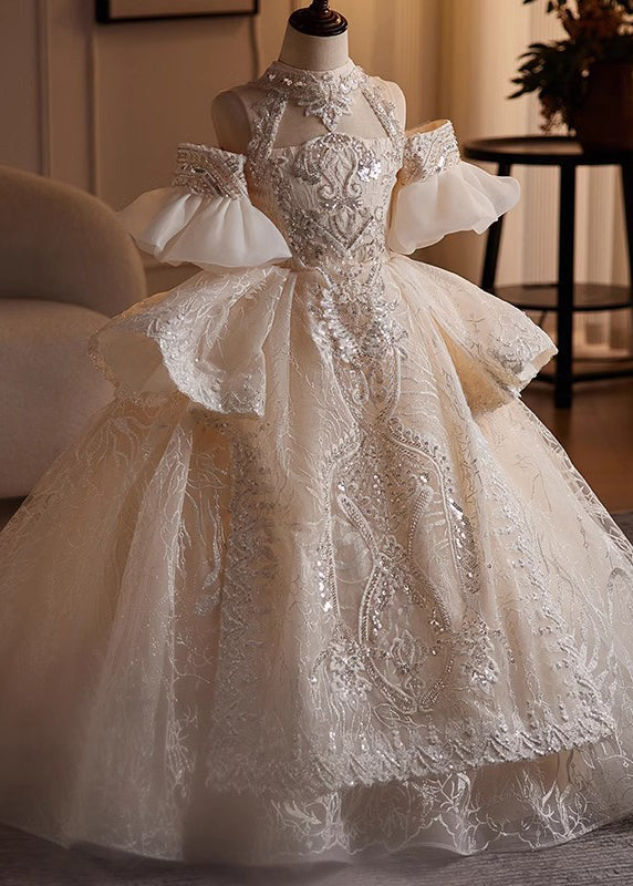 Champagne Turtleneck Embroideried Tulle Kids Maxi Dresses Summer Yg007