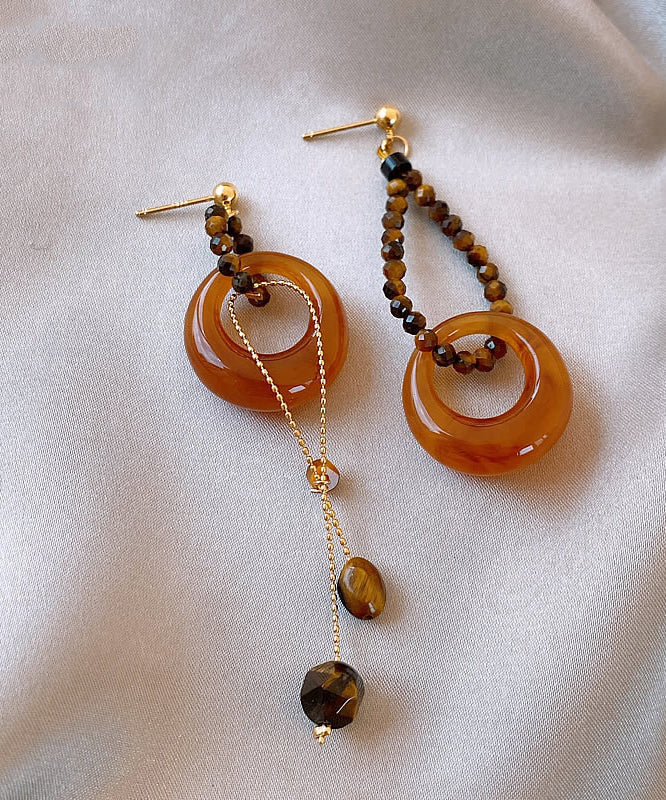 Coffee Sterling Silver Overgild Asymmetrical Beading Tassel Drop Earrings