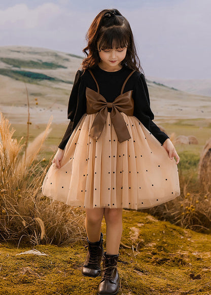 Colorblock O-neck Bow Dot Patchwork Tulle Kids Vacation Maxi Dresses Spring Tg009