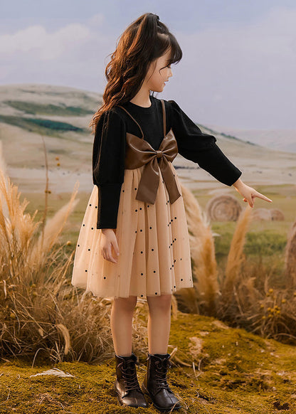 Colorblock O-neck Bow Dot Patchwork Tulle Kids Vacation Maxi Dresses Spring Tg009
