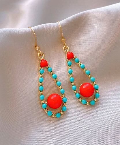 Colorblock Sterling Silver Overgild Inlaid Turquoise Agate Water Drop Drop Earrings