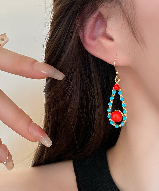 Colorblock Sterling Silver Overgild Inlaid Turquoise Agate Water Drop Drop Earrings